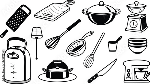 Stylish kitchen utensils and appliances graphic for culinary projects