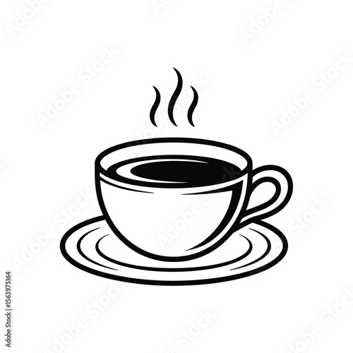 Simple black and white illustration of a steaming cup of coffee on a saucer
