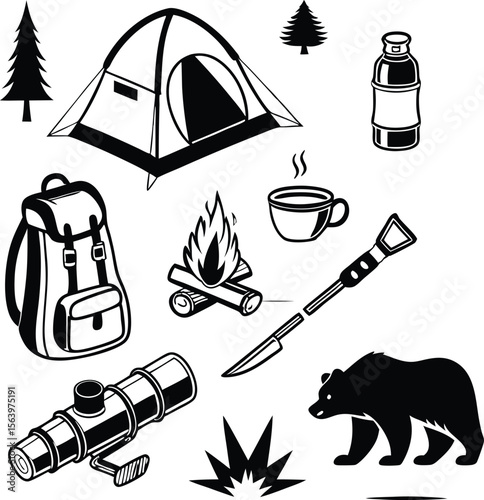 Minimalist camp design shows tent, water bottle and backpack for adventure