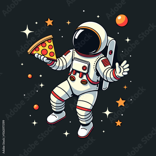 Astronaut floating in space while holding a slice of pizza  