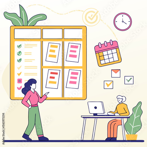 Team members collaborate on a project management board tracking tasks deadlines and progress with a calendar and clock symbolizing efficient workflow management