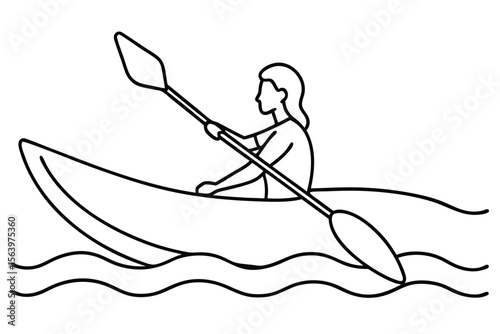line drawing of woman kayaking on beautiful lake waters