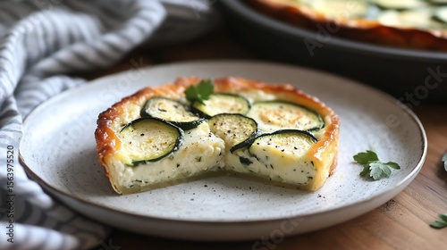 Sformato di Verdure, baked vegetable flan (e.g., zucchini or spinach), light and airy, slice on a plate, showing texture, simple elegant peasant dish.