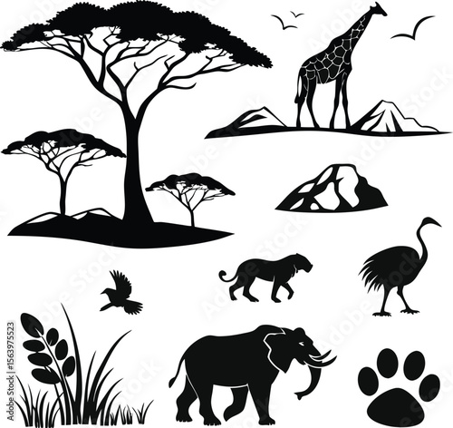 Wildlife scenery in Africa with silhouettes of animals and mountains for creative projects.