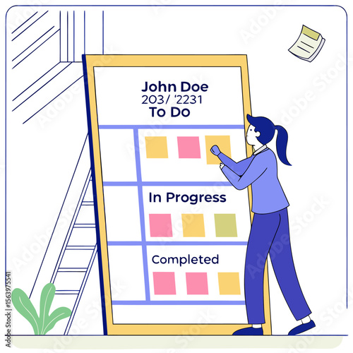 Woman organizing tasks on a kanban board with sticky notes categorized into to do in progress and completed sections for project management