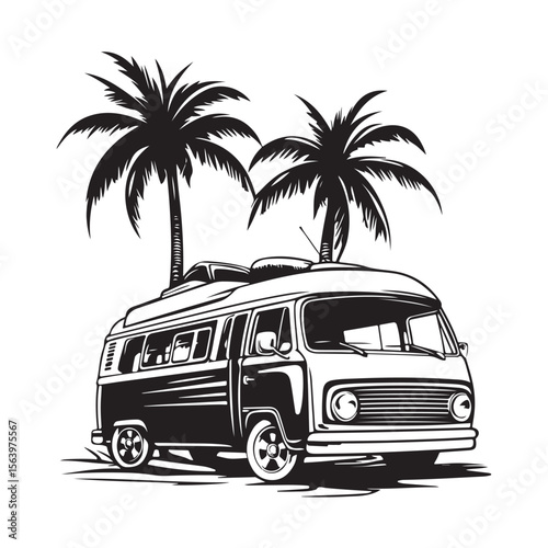 a vintage camper van Silhouette, Vintage Beach Van Vector Silhouette, Adventure Van, Summer vector black and white