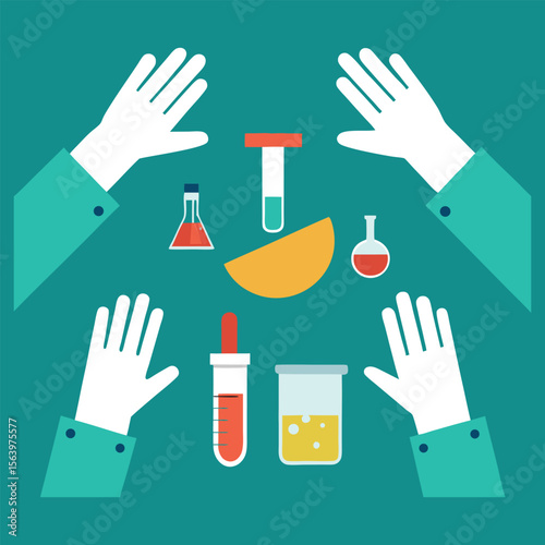 Hands wearing protective gloves engage in multiple laboratory tests, mixing solutions, collecting samples