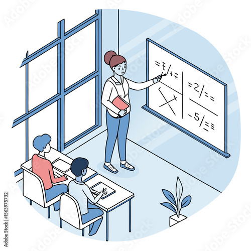 A teacher stands at a whiteboard in a bright classroom explaining a math lesson with equations and diagrams to two attentive students sitting at desks