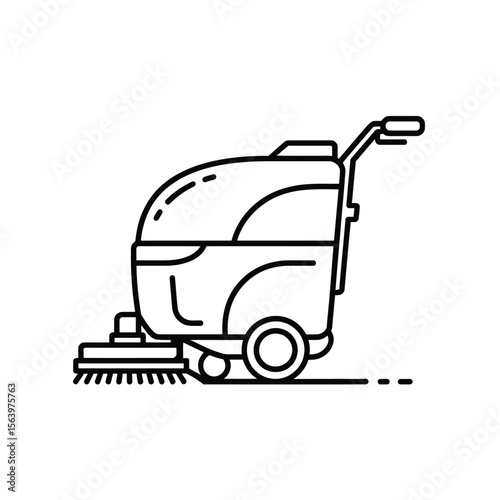 Line art icon of a floor cleaning machine with rotating brushes and wheels