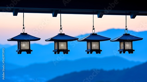 Peaceful twilight scene at a hillside shrine adorned with hanging lanterns casting a warm soft glow