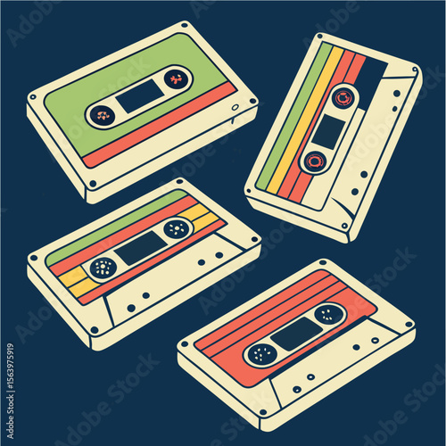 Retro cassette tapes create a nostalgic vintage design, perfect for eighties themed party or music design.