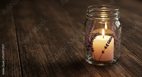 A mason jar candle holder with dried lavender, lit candle, on a wooden table.