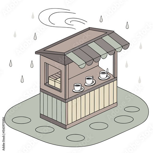 A charming isometric illustration of a small rustic coffee stand with three cups of coffee displayed on the counter during a gentle rain shower with swirling wind