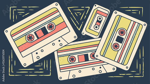 Nostalgic audio tapes with retro design elements offer a vintage graphic for creative projects.