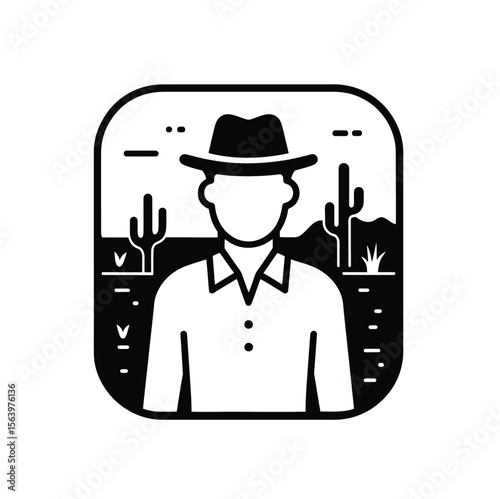 Man standing in desert Icon in black color with white background.