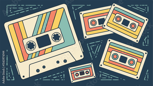 Retro cassette tape graphic featuring vibrant stripes and classic audio nostalgia