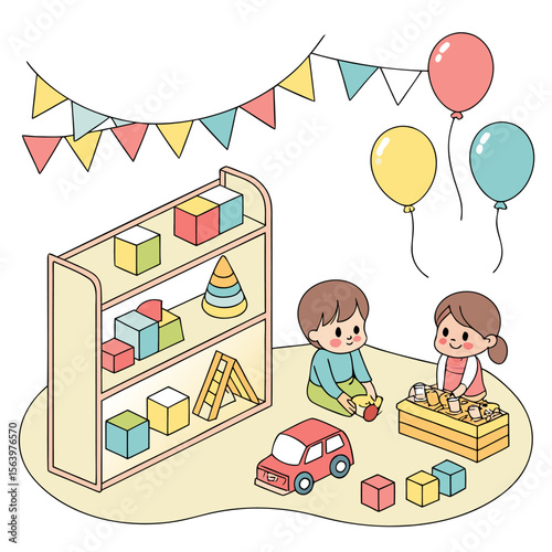 Cute cartoon children playing with colorful toys and balloons in a playroom decorated with festive bunting flags