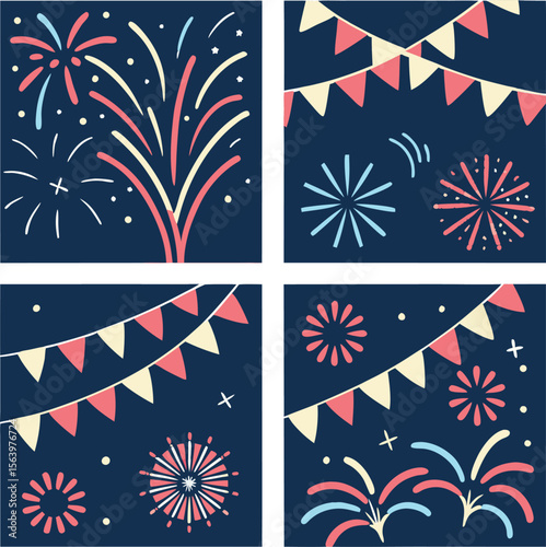 Celebratory flags and fireworks enhance festival mood in a graphic background.