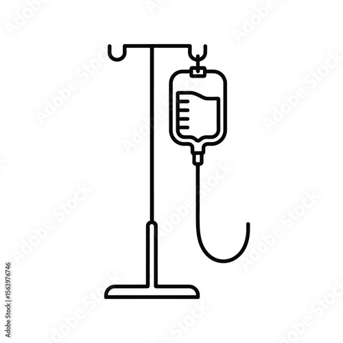 Simple line art icon of an intravenous drip bag on a stand