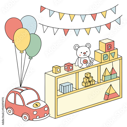 A charming cartoon illustration featuring a red toy car with balloons a teddy bear building blocks and festive bunting for a child s celebration or playroom scene