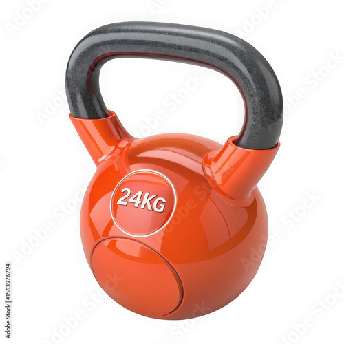 Shiny orange 24kg kettlebell with black handle isolated on transparent background