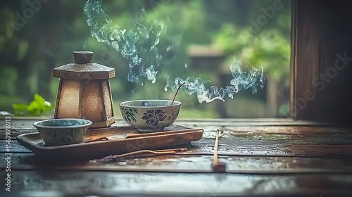Meditative corner softly lit by a warm lantern with drifting curling smoke from burning incense creating a peaceful mood