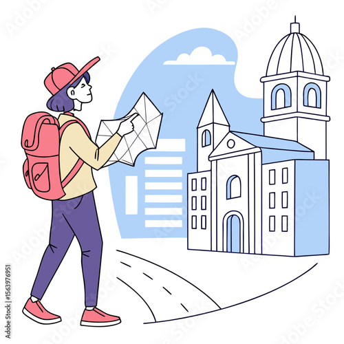 A young traveler with a backpack and a map navigates a city street towards a grand european style building with a dome