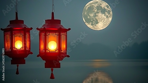 Lanterns emitting warm light as they drift slowly on a smooth river surface reflecting the full moon overhead