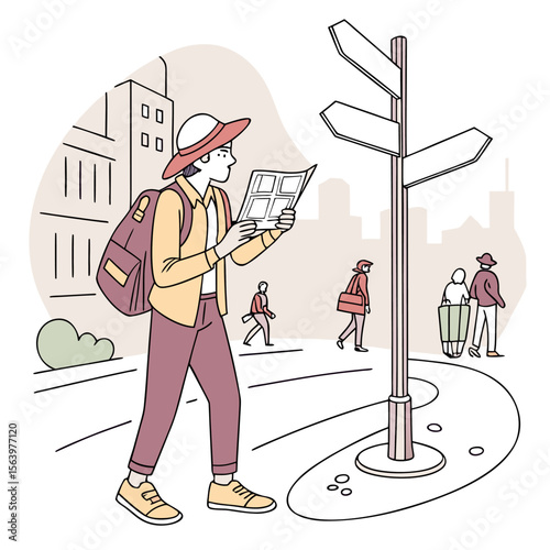A tourist wearing a hat and backpack consults a map at a street signpost in a city with buildings and other pedestrians walking by
