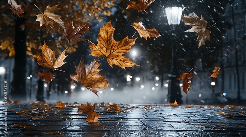 Golden leaves falling along a lantern-lit path disappearing into thick fog creating an ethereal nighttime scene