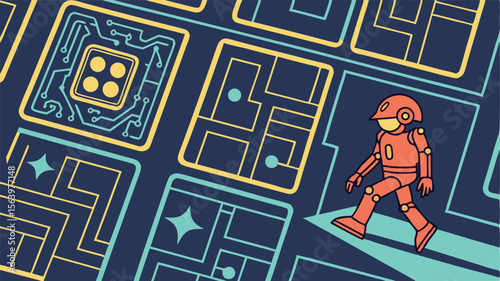 Cheerful robot strolls across circuit board cityscape in cartoon design