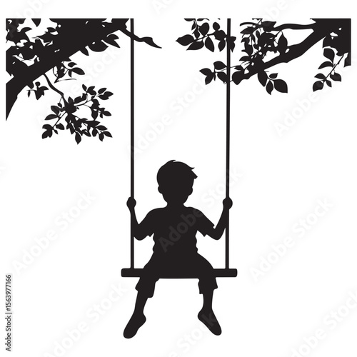 boy swinging on swing silhouette, Silhouette little boy playing swing in the playground , Child on a swing silhouette vector 