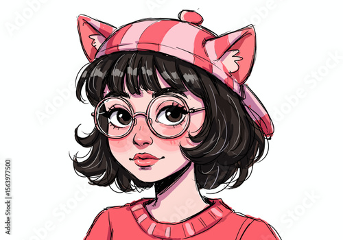 Young girl wearing cat hat and glasses with playful expression  