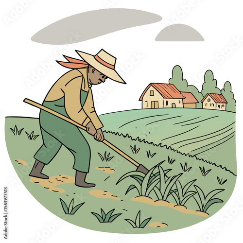 A farmer wearing overalls and a straw hat works the soil with a hoe in a green field with farmhouses and trees in the background under a cloudy sky