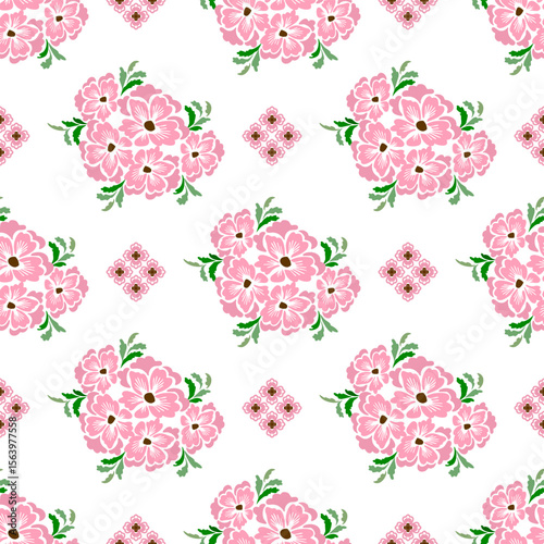 Geometric ethnic pattern seamless oriental traditional design pink floral background wallpaper carpet clothing wrapping vector illustration texture fabric print