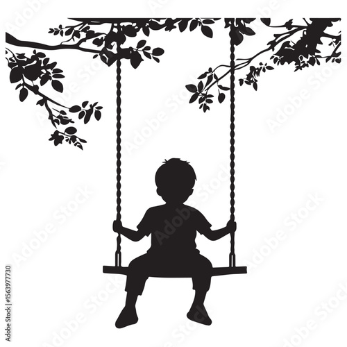 boy swinging on swing silhouette, Silhouette little boy playing swing in the playground , Child on a swing silhouette vector 