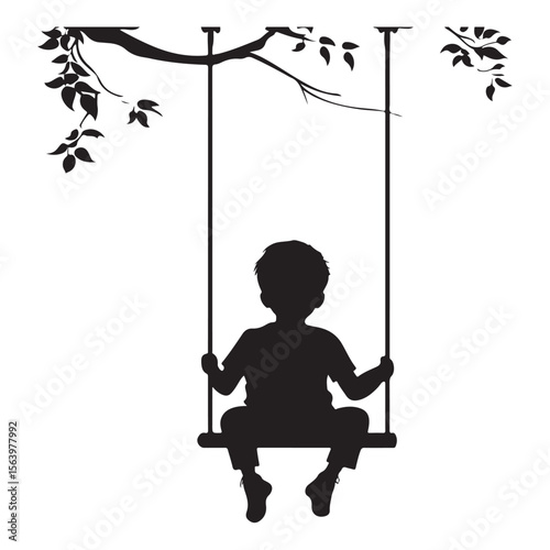 boy swinging on swing silhouette, Silhouette little boy playing swing in the playground , Child on a swing silhouette vector 