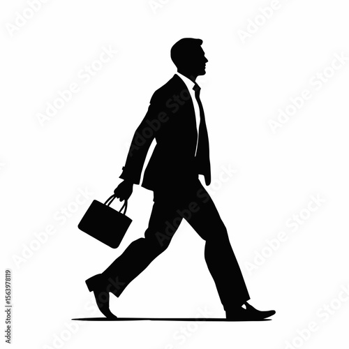 Silhouette of a businessman in a suit walking confidently to the right The figure is holding a small bag in one hand, with an elongated body and slightly bent legs to convey move