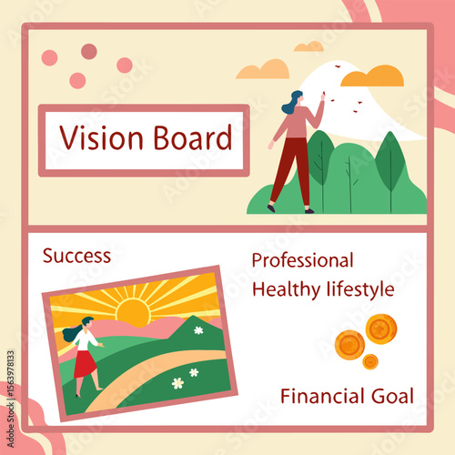 Vision board illustrating personal goals for success professional development healthy lifestyle and financial aspirations with motivational imagery and text