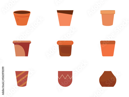 A set of empty flower pots with a vector design illustration highlighted on white, differently colored pots