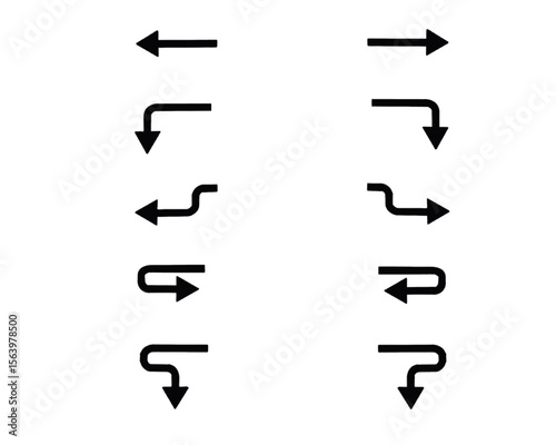 Angular arrow icons. Vector direction shapes. Black pointer turns. Simple path symbols.