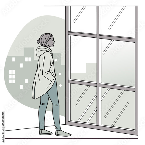 A solitary person wearing a hooded jacket and jeans stands with hands in pockets looking out a large window at a cityscape at dusk