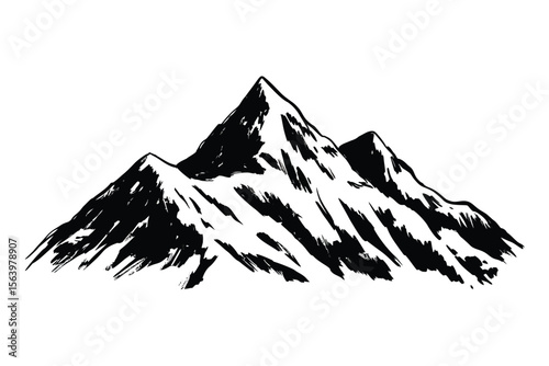 Black and white sketch of snow capped mountain peaks with rough brushstrokes