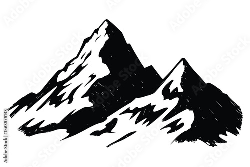 Stylized black and white illustration of jagged mountain peaks