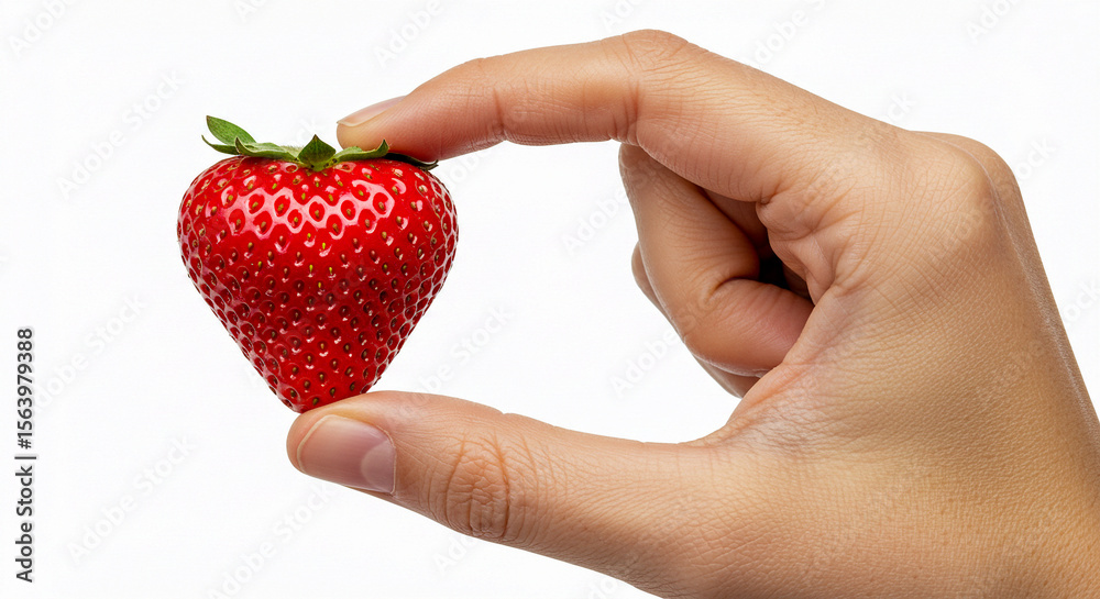 Obraz premium A Perfectly Shaped Heart-Shaped Strawberry Held Gently Between Fingers A Close-Up Studio Shot of a Vibrant Red Berry