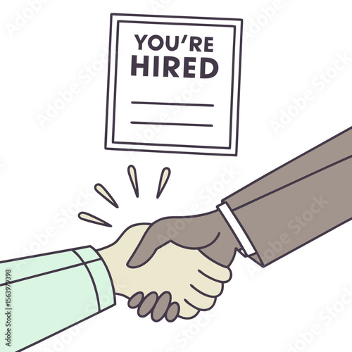Two hands shaking in agreement with a you re hired document displayed above symbolizing a successful job offer and employment