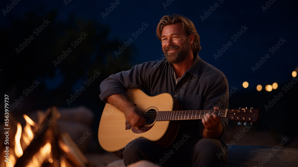 Obraz premium Campfire Song Guide with Guitar by the Firepit