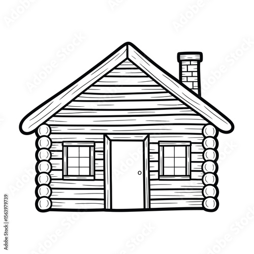 Simple black and white line drawing of a rustic log cabin with a chimney and windows