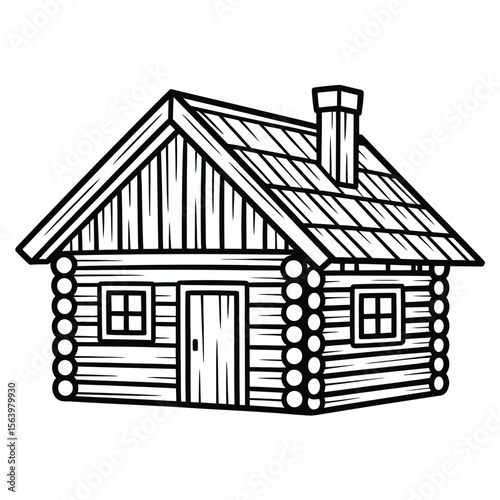 Simple black and white line drawing of a rustic log cabin with a chimney
