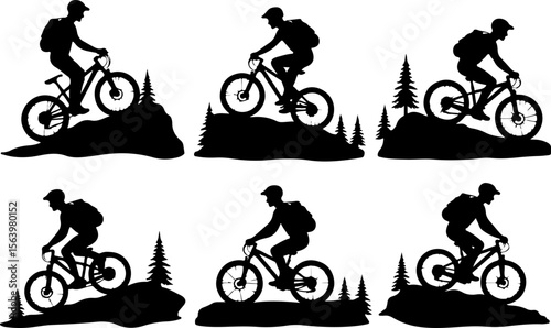 Mountain Hiking Bikers Riding Silhouettes Set vector bundle